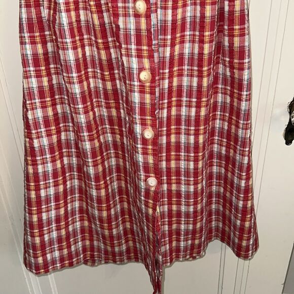 Vtg 80s Red, Yellow, White & Green Plaid Madras Cloth Button Front Full Skirt - Picture 3 of 6